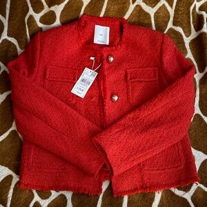 Mango Pocket Tweed Wintour Jacket in Red